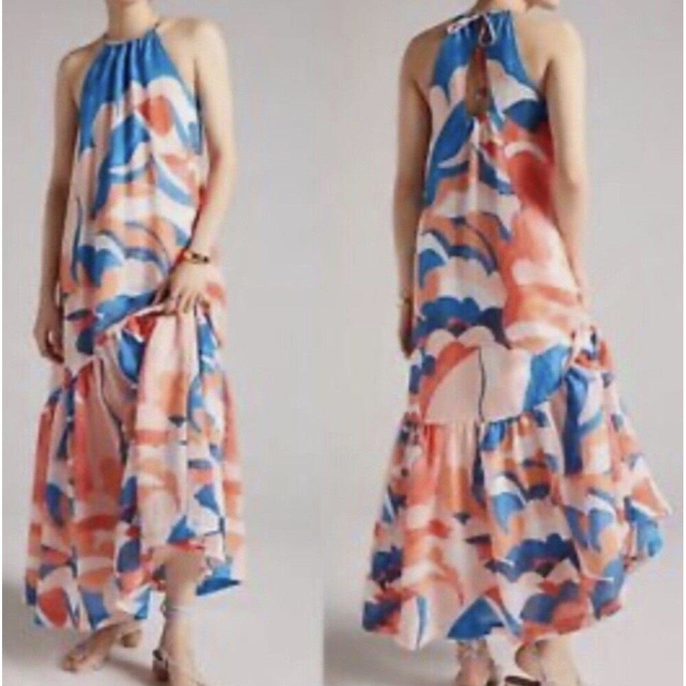 Anthropologie Maeve Flounced Abstract Halter Dress Pocket XL Maxi long dress